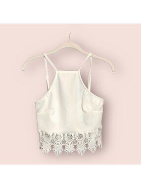 Papaya Women's Lace Trim Crop Halter Top in White - Size Small